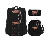 WZYCWB Lot de 3 sacs à dos robustes en forme de cerf rouge - Sac d'école pour étudiant + trousse + sac à déjeuner - Sac à dos de grande capacité