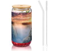 WZYCWB Magnifique verre avec couvercle en bambou imprimé cascades pour café glacé chaud et froid, thé au lait et bière. Une tasse à eau élégante.