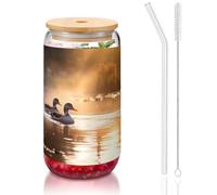 WZYCWB Mallard Canards au coucher du soleil 473,6 g Tasse à café glacé avec couvercle en bambou et paille - Tasse à café glacé - Tasse à bière - Idéales pour le café, les accessoires de bar, les