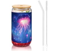 WZYCWB Méduse suspendue de 473,6 g avec couvercle en bambou et paille - Tasses à café glacé mignonnes - Tasses à thé glacé - Tasses à bière idéales pour le café, les accessoires de bar, les cadeaux