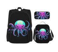 WZYCWB Neon Kraken Core Ensemble sac à dos (3 pièces) - Sac d'école pour étudiant + trousse + sac à déjeuner + sac à dos de grande capacité
