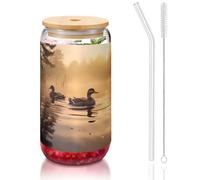 WZYCWB Paire de canards colverts avec couvercle en bambou imprimé flottant pour café glacé chaud et froid, thé au lait et bière. Une tasse d'eau élégante.