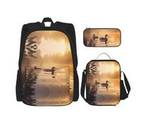 WZYCWB Paire de canards colverts flottants Cartable + Trousse + Sac à déjeuner Sac à dos Combinaison Convient pour les trajets quotidiens