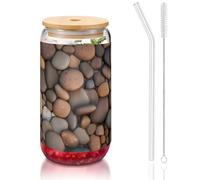 WZYCWB Pebbles in the beach Couvercle en bambou imprimé en verre pour café glacé chaud et froid, thé au lait et bière. Une tasse à eau élégante.