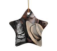 WZYCWB Pendentif en céramique en forme d'étoile avec chapeau de cowboy noir et bottes occidentales, parfait pour décorer votre arbre de Noël pour les fêtes d'hiver, taille unique, Céramique