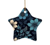 WZYCWB Pendentif en céramique en forme d'étoile avec fond floral bleu, parfait pour décorer votre arbre de Noël pour les fêtes d'hiver
