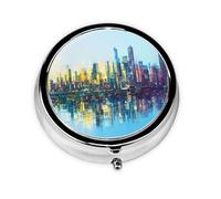 WZYCWB Pilulier portable en déplacement, boîte à pilules ronde holographique Reflection City, tient dans la poche de votre sac à main, pilulier léger à 3 compartiments