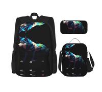 WZYCWB Pixel Wolf Ensemble sac à dos (3 pièces) - Sac d'école pour étudiant + trousse + sac à déjeuner + sac à dos de grande capacité