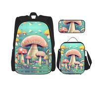 WZYCWB Pretty Little Champignons Ensemble sac à dos (3 pièces) - Sac d'école pour étudiant + trousse + sac à déjeuner + sac à dos de grande capacité
