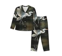 WZYCWB Pyjama à manches longues pour femme imprimé héron blanc - Ensemble 2 pièces - Vêtement de détente confortable et décontracté, Noir , S