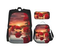 WZYCWB Red Roses at Sunset Ensemble sac à dos (3 pièces) - Sac d'école pour étudiant + trousse + sac à déjeuner + sac à dos grande capacité, noir, One Size