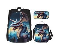 WZYCWB Roaring Dragon Ensemble sac à dos (3 pièces) - Sac d'école pour étudiant + trousse + sac à déjeuner + sac à dos de grande capacité