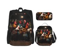 WZYCWB Rooster Family Portfolio Ensemble de 3 sacs à dos pour étudiant + trousse + sac à déjeuner Grande capacité