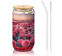 WZYCWB Roses by the sea 473,6 g Couvercle en bambou paille Tasse à café glacé Tasses à café glacé Tasses à bière Idéales pour le café Accessoires de bar Cadeaux esthétiques