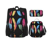 WZYCWB Sac à dos avec plumes de perroquet tropical (3 pièces) - Sac d'école pour étudiant + trousse + sac à déjeuner, sac à dos de grande capacité