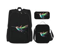 WZYCWB Sac à dos colibri coloré (ensemble de 3 pièces), sac à dos de grande capacité, sac d'école, trousse à crayons, sac à déjeuner