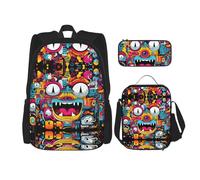 WZYCWB Sac à dos drôle visage de chat (3 pièces), sac à dos grande capacité, sac d'école, trousse à crayons, sac à déjeuner