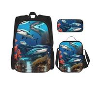 WZYCWB Sac à dos sous-marin requin corail (3 pièces) - Sac d'école pour étudiant + trousse + sac à déjeuner, sac à dos de grande capacité