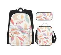 WZYCWB Sac d'école avec plumes colorées + trousse + sac à déjeuner pour tous les jours