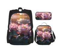 WZYCWB Sac d'école Lotus en pleine floraison + trousse + sac à déjeuner - Sac à dos adapté pour les trajets quotidiens