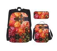 WZYCWB Sac d'école pivoines en pleine floraison + trousse à crayons + sac à déjeuner. Sac à dos adapté pour les trajets quotidiens