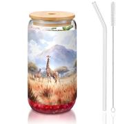 WZYCWB Savane africaine girafe couvercle en bambou imprimé verre pour café glacé chaud et froid, thé au lait et bière. Une tasse d'eau élégante.