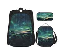 WZYCWB Sea under the Aurora Borealis Ensemble sac à dos (3 pièces) - Sac d'école pour étudiant + trousse + sac à déjeuner + sac à dos grande capacité