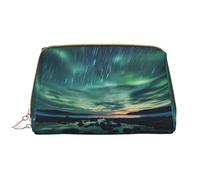 WZYCWB Sea under the Aurora Borealis Trousse de maquillage en cuir avec poches, sac de voyage portable, sac de rangement cosmétique de grande capacité,