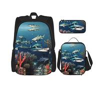 WZYCWB Sharks Under the Sea Ensemble sac à dos (3 pièces) - Sac d'école pour étudiant + trousse + sac à déjeuner + sac à dos de grande capacité