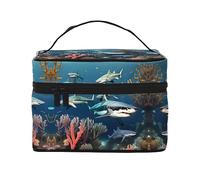 WZYCWB Sharks Under the Sea Grande trousse de maquillage pour femme, trousse de maquillage portable de grande capacité, sac de rangement pour filles, noir, taille unique, noir, taille unique, Noir