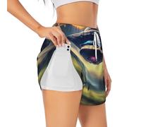 WZYCWB Short de sport double couche anti-exposition - Imprimé UFO Landing Coupe ample, pantalon de course à pied taille haute, blanc, S