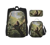 WZYCWB Singe assis sur un arbre Ensemble sac à dos (3 pièces) - Sac d'école pour étudiant + trousse + sac à déjeuner, sac à dos de grande capacité