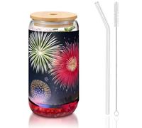WZYCWB Splendid Fireworks 473,6 g Couvercle en bambou paille Tasse à café glacé Jolies tasses à thé glacé Tasses à bière Idéales pour le café, les accessoires de bar, les cadeaux esthétiques