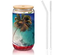 WZYCWB Tasse à café glacé avec couvercle en bambou et paille - 473,6 g - Motif îles des Caraïbes - Jolies tasses à thé glacé - Idéales pour les cafés, les accessoires de bar, les cadeaux esthétiques