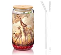 WZYCWB Tasse à café glacé avec couvercle en bambou et paille - Motif girafe - Mère et enfant - 473,6 g - Idéales pour le café - Accessoires de bar - Cadeaux esthétiques