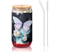WZYCWB Tasse à café glacé avec couvercle en bambou et paille - Motif papillon blanc - 473,6 g - Idéales pour le café - Accessoires de bar - Cadeaux esthétiques