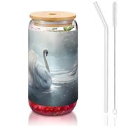 WZYCWB Tasse à café glacé en verre avec couvercle en bambou et paille - Motif cygne blanc sur glace - 473,6 g - Idéales pour les cafés, les accessoires de bar, les cadeaux esthétiques