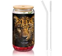 WZYCWB Tasse à café glacée en verre avec couvercle en bambou et paille - Motif léopard aux yeux profonds - 473,6 g - Idéales pour les cafés, les accessoires de bar, les cadeaux esthétiques