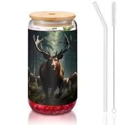 WZYCWB Tasse en verre avec couvercle en bambou et paille en forme d'élan solide de 473,6 g - Jolies tasses à thé glacé - Tasses à bière - Idéales pour le café, les accessoires de bar, les cadeaux