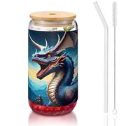 WZYCWB Tasse en verre avec couvercle en bambou et paille - Motif dragon rugissant - 473,6 g - Jolies tasses à thé glacé - Tasses à bière - Idéales pour les cafés, les accessoires de bar, les cadeaux