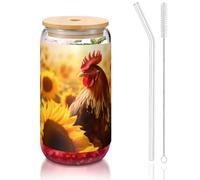 WZYCWB Tasses à café glacé avec couvercle en bambou et paille - 473,6 g - Motif tournesols et poules - Idéales pour les cafés, les accessoires de bar, les cadeaux esthétiques