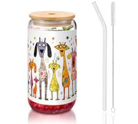 WZYCWB Tasses à café glacé avec couvercle en bambou et paille en verre pour chiens grands et courts de 473,6 g, idéales pour le café, les accessoires de bar, les cadeaux esthétiques