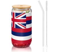 WZYCWB Tasses à café glacé avec couvercle en bambou et paille - Motif drapeau hawaïen - 473,6 g - Idéales pour le café et le bar - Cadeau esthétique