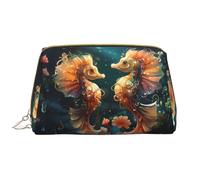 WZYCWB Trousse de maquillage de voyage en cuir, belle trousse de maquillage portable pour couple d'hippocampes, sac de rangement cosmétique de grande capacité avec poches,