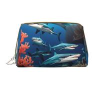 WZYCWB Trousse de maquillage de voyage en cuir, sac de rangement portable de grande capacité avec poches, motif requin sous-marin, corail