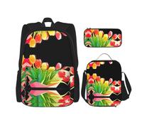 WZYCWB Un bouquet de tulipes Ensemble sac à dos (3 pièces) - Sac d'école pour étudiant + trousse + sac à déjeuner + sac à dos de grande capacité