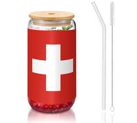 WZYCWB Verre avec couvercle en bambou imprimé drapeau suisse pour café glacé chaud et froid, thé au lait et bière. Une tasse à eau élégante.