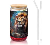 WZYCWB Verre avec couvercle en bambou imprimé lion majestueux pour café glacé chaud et froid, thé au lait et bière. Une tasse à eau élégante.