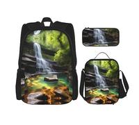 WZYCWB Waterfall Views Ensemble sac à dos (3 pièces) - Sac d'école pour étudiant + trousse + sac à déjeuner + sac à dos de grande capacité