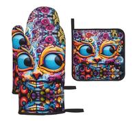 WZYWHJ Art Doodle Lot de 3 gants de cuisine longs et épais Motif chat
